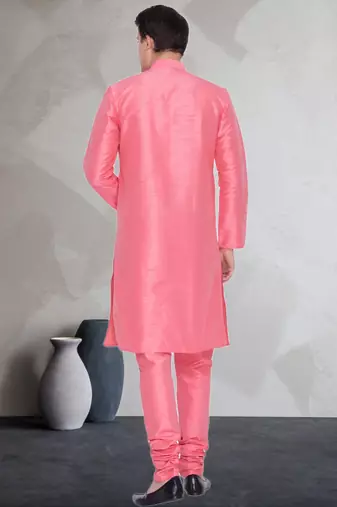Pink art dupion silk mens plain kurta pajama
