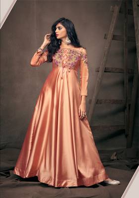Peach Jari & Resham Embroidery With Stone Work Satin Silk Stiched Readymade Gown 2