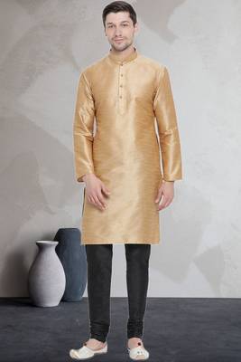 Beige art dupion silk mens plain kurta pajama 1