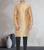 Beige art dupion silk mens plain kurta pajama