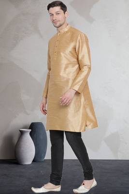 Beige art dupion silk mens plain kurta pajama 2