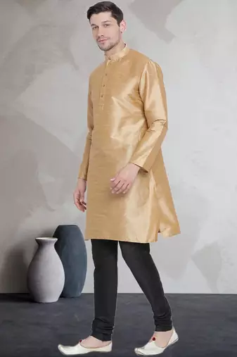 Beige art dupion silk mens plain kurta pajama