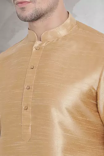 Beige art dupion silk mens plain kurta pajama