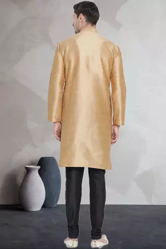 Beige art dupion silk mens plain kurta pajama