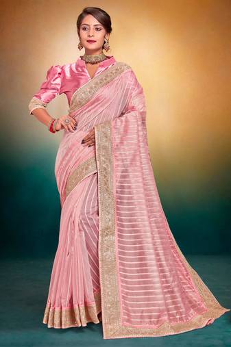 Pink Sequin Embroidered Border Art Silk Party Wear Saree With Blouse Piece