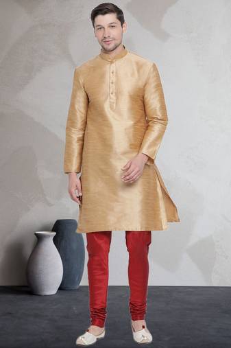 Beige art dupion silk mens plain kurta pajama
