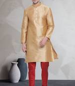 Beige art dupion silk mens plain kurta pajama