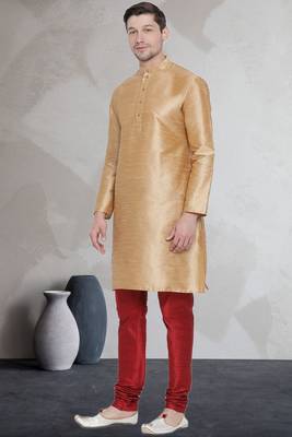 Beige art dupion silk mens plain kurta pajama 2