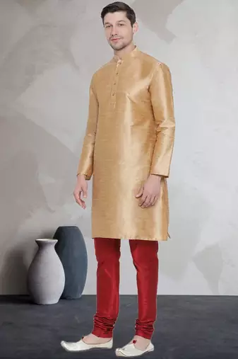 Beige art dupion silk mens plain kurta pajama