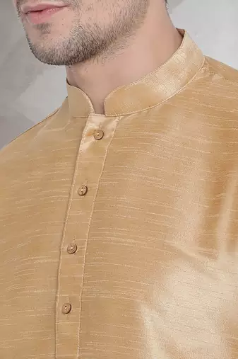 Beige art dupion silk mens plain kurta pajama