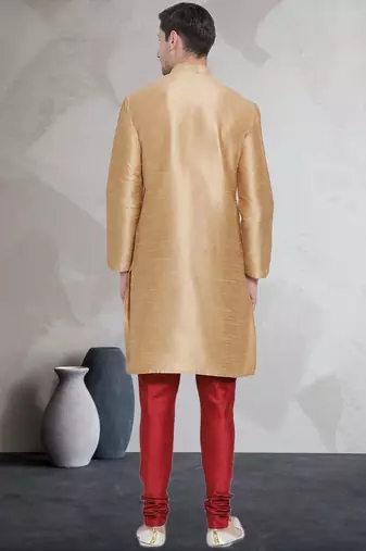 Beige art dupion silk mens plain kurta pajama