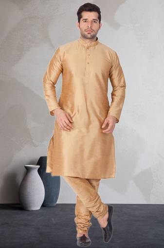 Beige art dupion silk mens plain kurta pajama