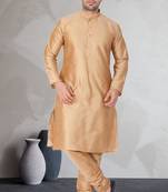 Beige art dupion silk mens plain kurta pajama