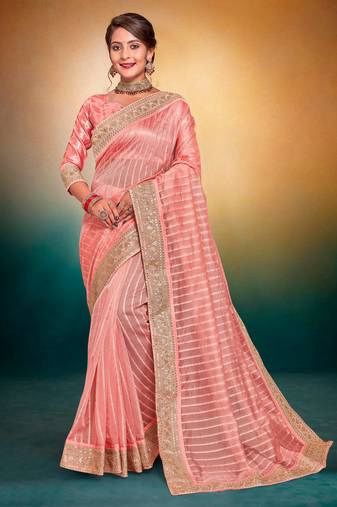 Peach Sequin Embroidered Border Art Silk Party Wear Saree With Blouse Piece
