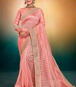 Peach Sequin Embroidered Border Art Silk Party Wear Saree With Blouse Piece