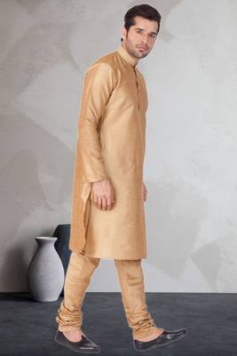 Beige art dupion silk mens plain kurta pajama 2