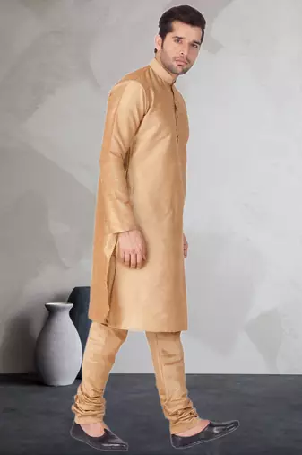 Beige art dupion silk mens plain kurta pajama