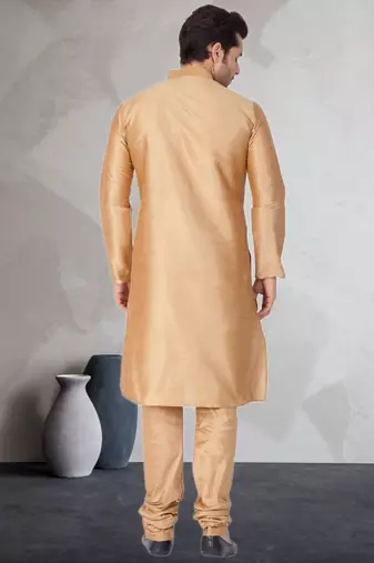 Beige art dupion silk mens plain kurta pajama