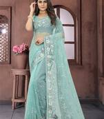 Sky Blue Sequence Embroidered Party Wear Net Saree With Blouse Piece