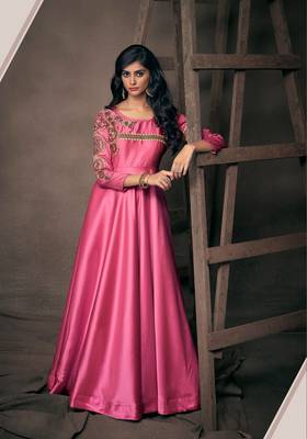 Rani Pink Jari & Resham Embroidery With Stone Work Satin Silk Stiched Readymade Gown 2