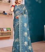 Sky Blue Zari Resham Embroidered Organza Silk Party Wear Saree With Blouse Piece
