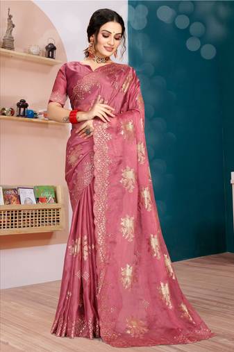 Pink Zari Resham Embroidered Organza Silk Party Wear Saree With Blouse Piece