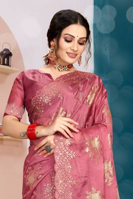 Pink Zari Resham Embroidered Organza Silk Party Wear Saree With Blouse Piece 3