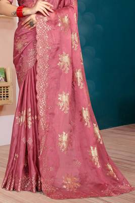 Pink Zari Resham Embroidered Organza Silk Party Wear Saree With Blouse Piece 4