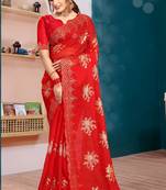 Red Zari Resham Embroidered Organza Silk Party Wear Saree With Blouse Piece