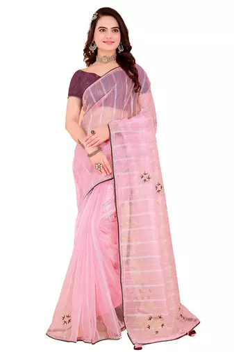 1Organza Khatli Work Saree With Art Silk Blouse Piece