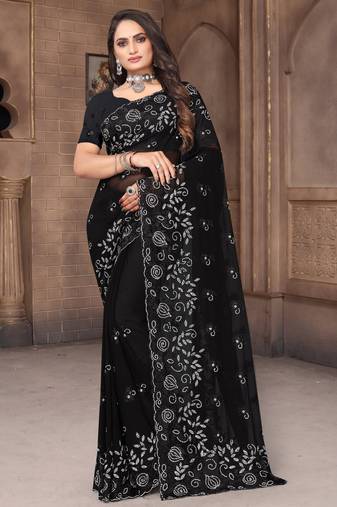 Women'S Black Zari Resham Embroidered Georgette Saree With Blouse Piece
