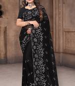 Women'S Black Zari Resham Embroidered Georgette Saree With Blouse Piece