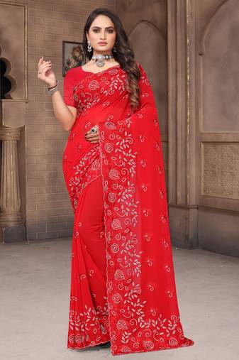 Women'S Red Zari Resham Embroidered Georgette Saree With Blouse Piece