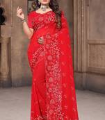 Women'S Red Zari Resham Embroidered Georgette Saree With Blouse Piece