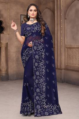 Women'S Navy Blue Zari Resham Embroidered Georgette Saree With Blouse Piece 1