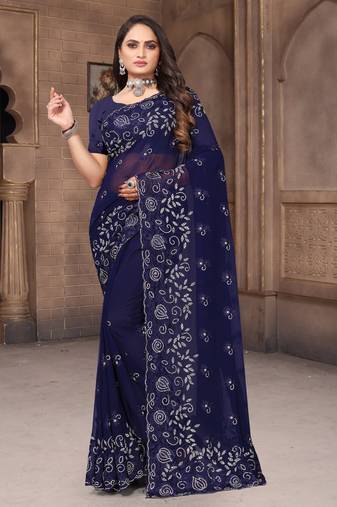 Women'S Navy Blue Zari Resham Embroidered Georgette Saree With Blouse Piece