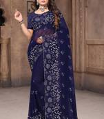 Women'S Navy Blue Zari Resham Embroidered Georgette Saree With Blouse Piece