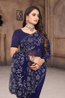 Women'S Navy Blue Zari Resham Embroidered Georgette Saree With Blouse Piece 2
