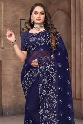 Women'S Navy Blue Zari Resham Embroidered Georgette Saree With Blouse Piece 3