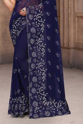 Women'S Navy Blue Zari Resham Embroidered Georgette Saree With Blouse Piece 4