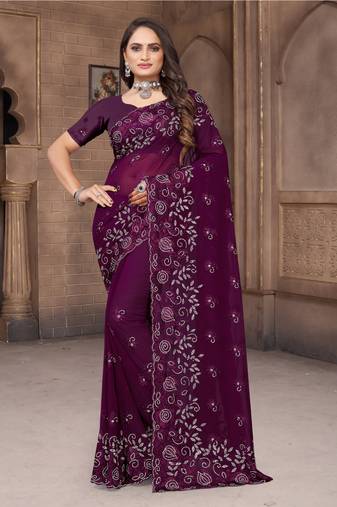 Women'S Purple Zari Resham Embroidered Georgette Saree With Blouse Piece