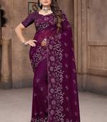 Women'S Purple Zari Resham Embroidered Georgette Saree With Blouse Piece