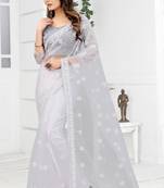 White Zari Embroidered Party Wear Net Saree With Blouse Piece