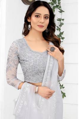 White Zari Embroidered Party Wear Net Saree With Blouse Piece 2