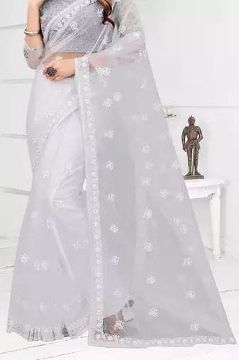 White Zari Embroidered Party Wear Net Saree With Blouse Piece