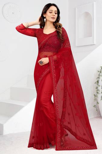 Red Zari Embroidered Party Wear Net Saree With Blouse Piece