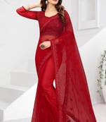 Red Zari Embroidered Party Wear Net Saree With Blouse Piece