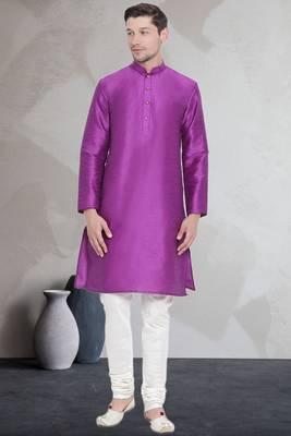Purple art dupion silk mens plain kurta pajama 1