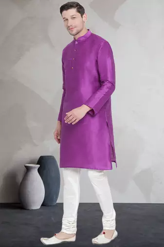 Purple art dupion silk mens plain kurta pajama