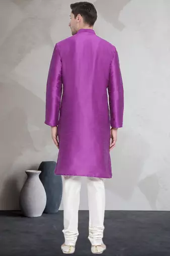 Purple art dupion silk mens plain kurta pajama
